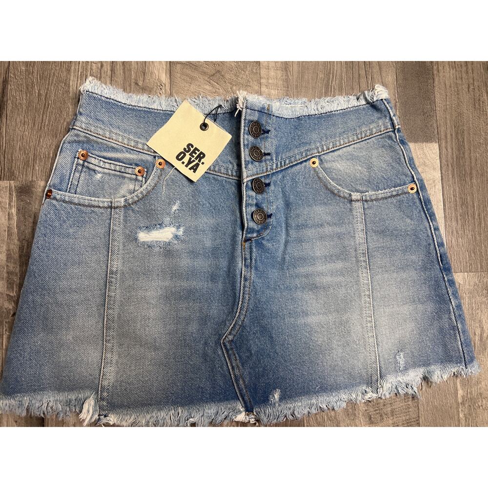 SERO.YA Denim Mini Skirt Women 24 Distressed Raw Hem Button Fly Light Wash
